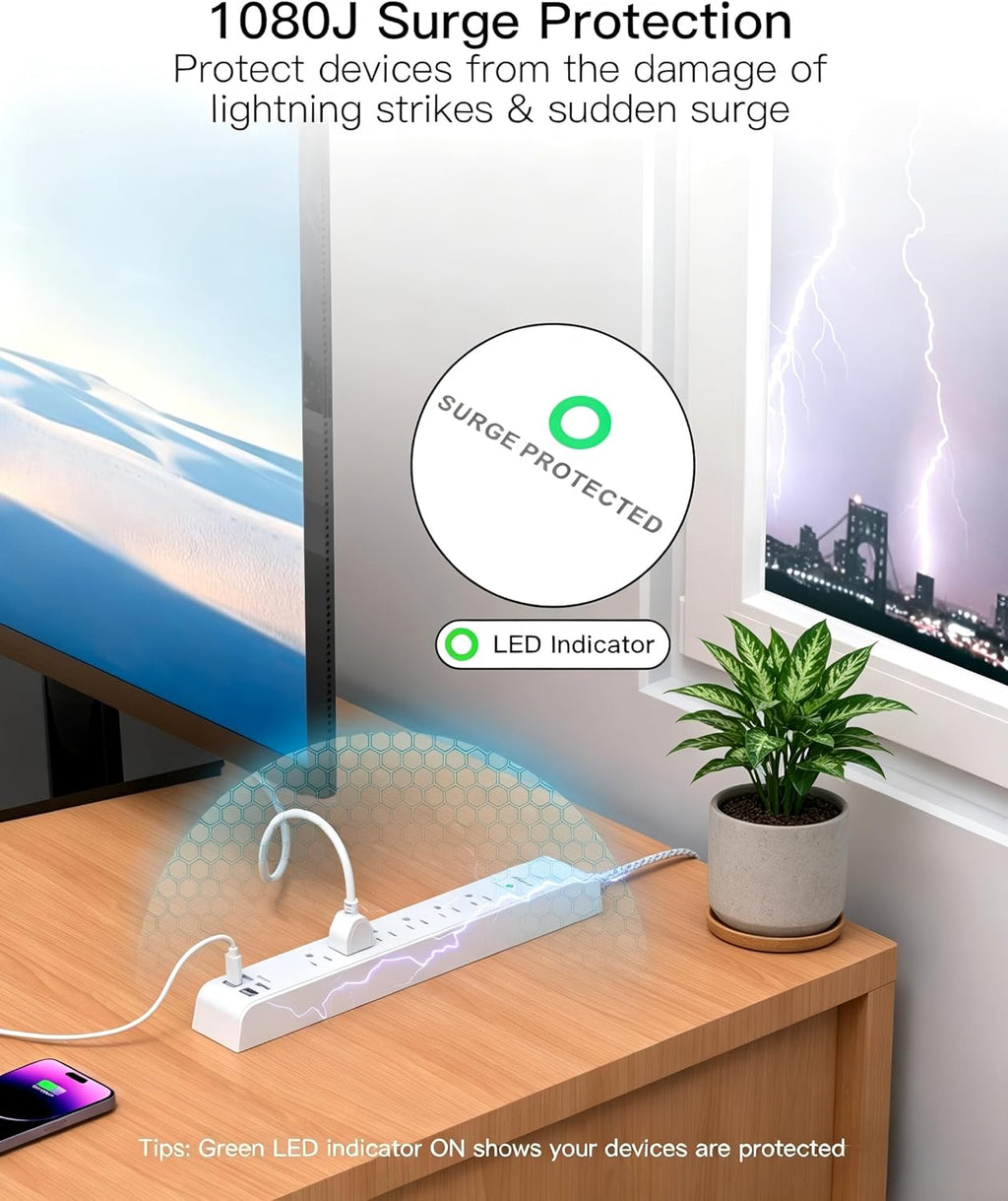 Surge Protector Power Strip 5FT, 10-in-1 with 6 AC Outlets 4 USB Ports(2 USB-C), Ultra Flat Plug Braided Extension Cord, Wall Mountable, 1080J Surge Protection, ETL Listed, White