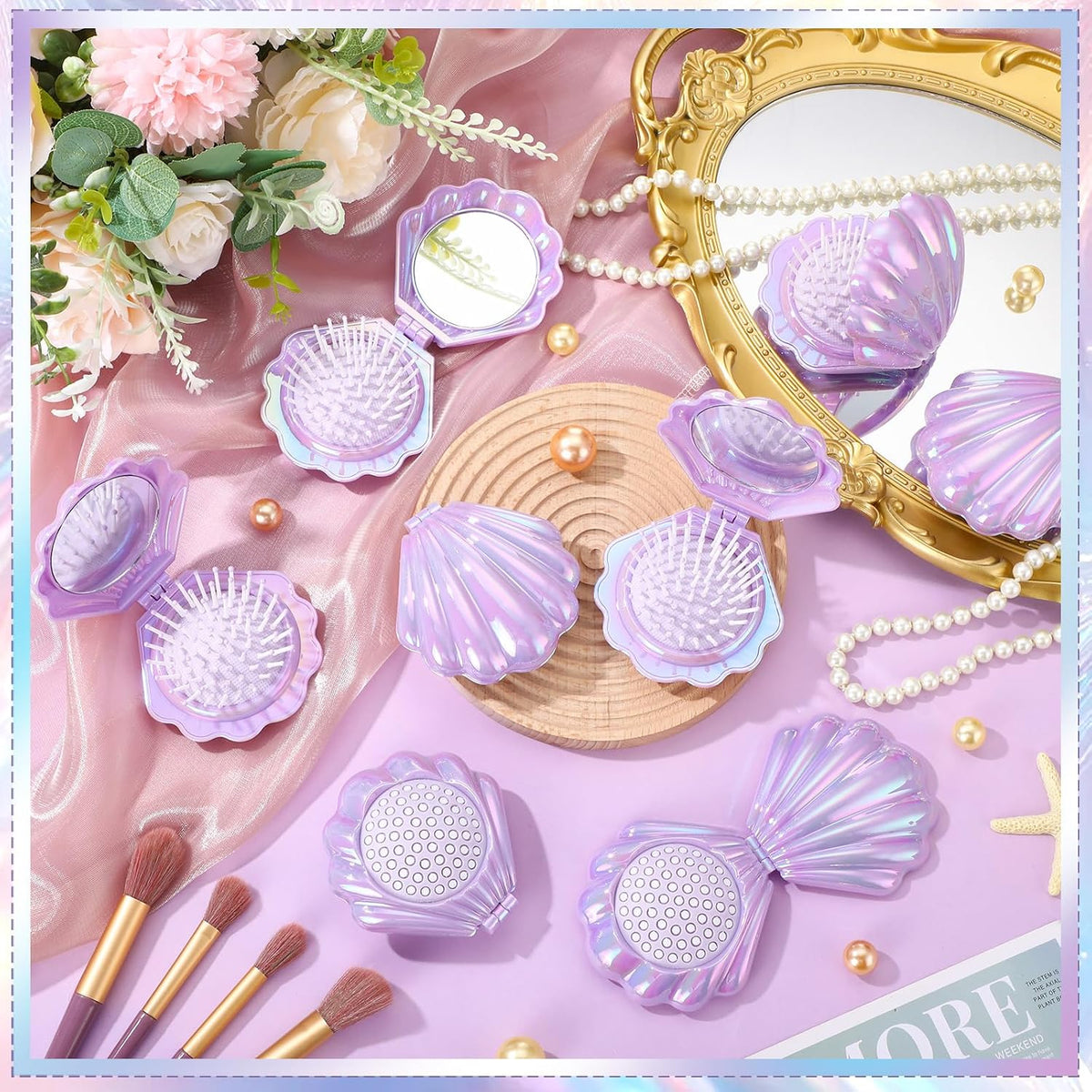AceOrbit 6 Pcs Mermaid Party Favors Foldable Shell Hair Brush with Mirror Mini Travel Pocket Compact Hair Brush Makeup Comb for Women Girls Birthday Party Gifts(Purple)