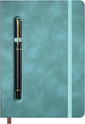 A5 Leather Notebook with Pen and Pen Holder, 224 Pages 100 GSM Thick Lined Paper Hardcover Journal for Men Women, College Ruled Daily Diary for Work Business School Travel - Light Blue