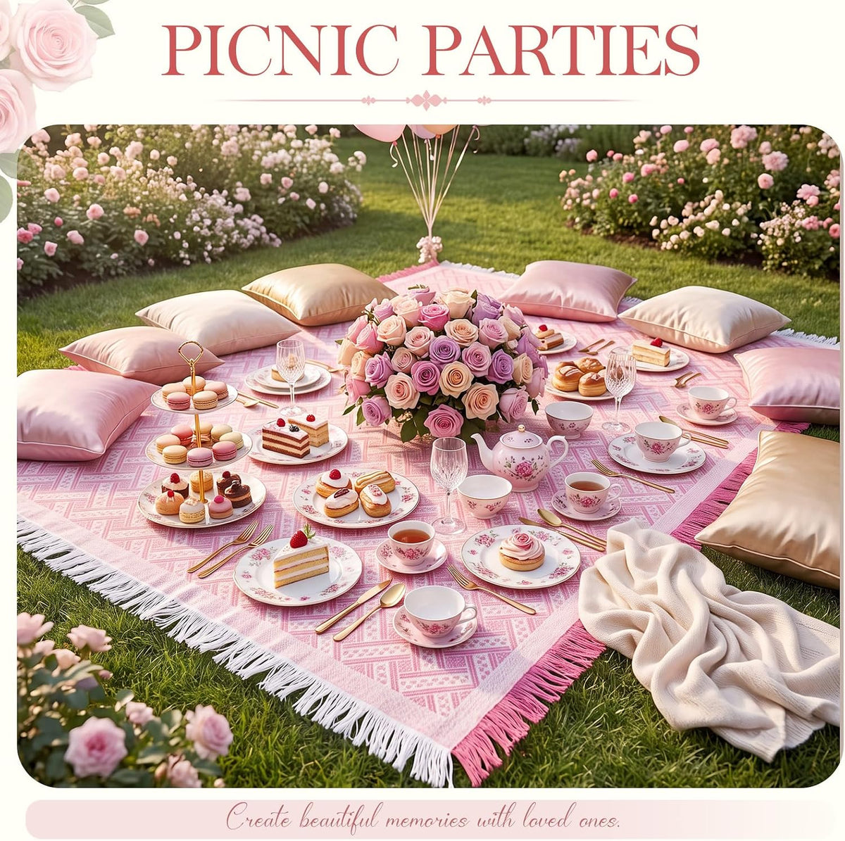 1 Pack White Pink Extra Large Picnic Blanket, 71 x 91 Inches