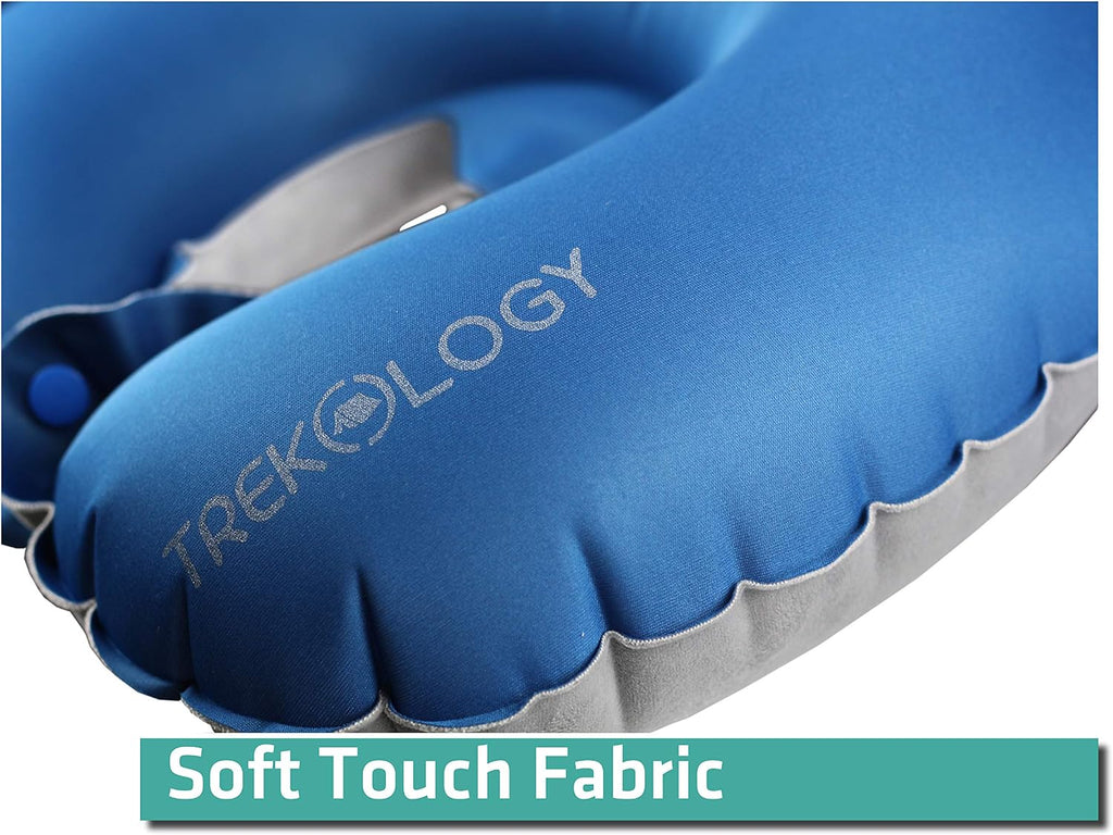 TREKOLOGY Inflatable Neck Pillow for Travel – Compact Ultralight Air Pillow with Button Inflation & Quick Deflate – Dual-Fabric Neck Support Cushion for Airplane, Car, Train, Bus