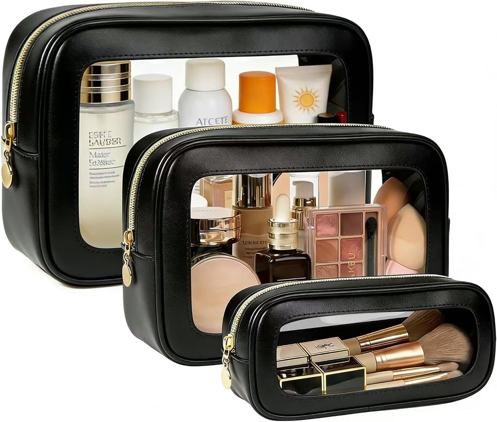 3-Piece Travel Clear Makeup Bag Set, Small Large Clear Cosemetic Bag with Makeup Brush Bag Waterproof Makeup Pouch with Zipper Toiletry Bags For Traveling Car Accessories for Women (Black Set)