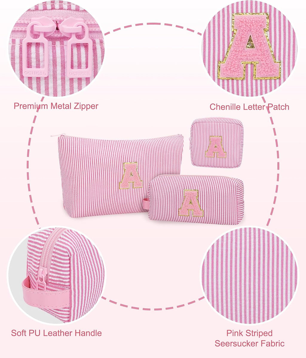 MONSTINA Personalized Initial Makeup Bag 3-piece Set for Women Teen Girls