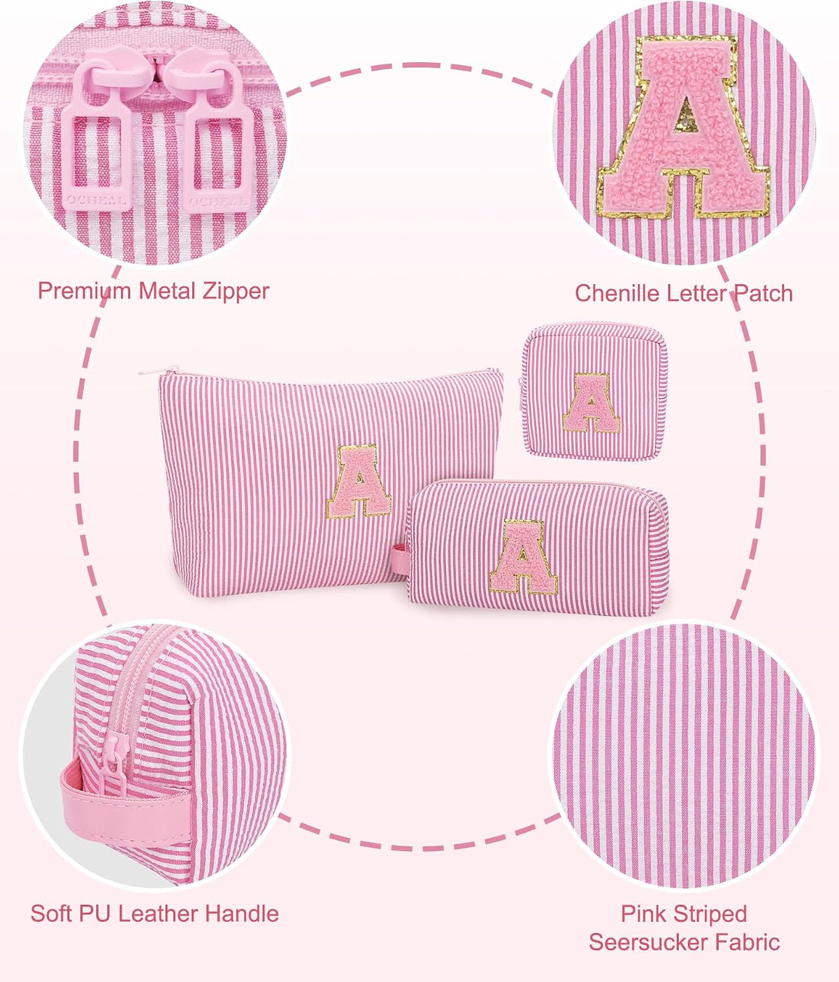 MONSTINA Personalized Initial Makeup Bag 3-piece Set for Women Teen Girls