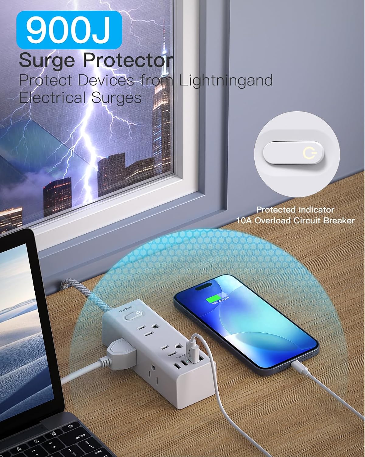 One Beat Surge Protector Power Strip, 6 Ft Flat Plug Extension Cord, 900J