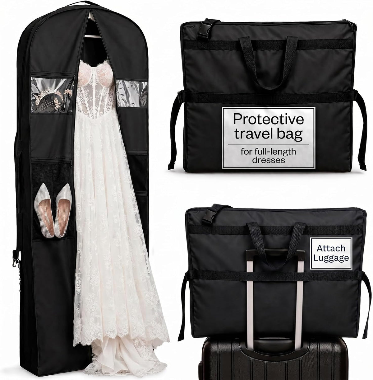Wedding Dress Garment Bag 72" – Waterproof Trifold Travel Garment Bag for Bridal Gown with Shoulder Strap, Suitcase Sleeve & Accessory Pockets – Fits Full Skirts, Oxford Fabric, Carry Handle (Black)