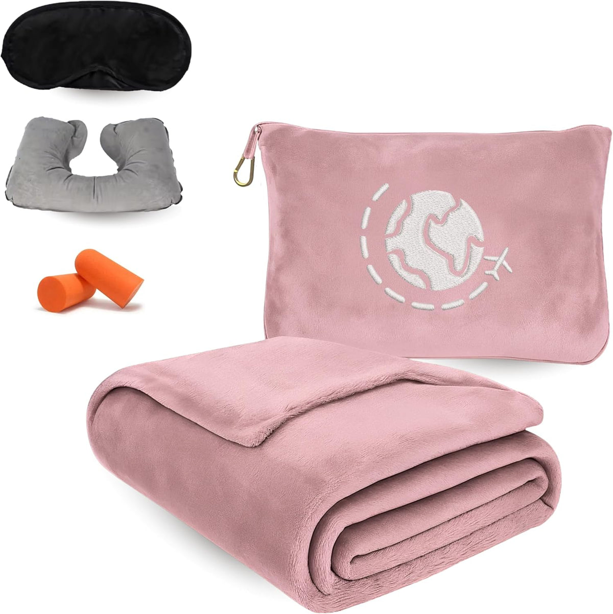 Travel Blanket and Pillow Compact – 4-in-1 Soft Fleece Airplane Blanket with Bag Pillowcase, Neck Pillow, Eye Mask & Earplugs, Lightweight Portable Flight Blanket 60"x43" (Pink)