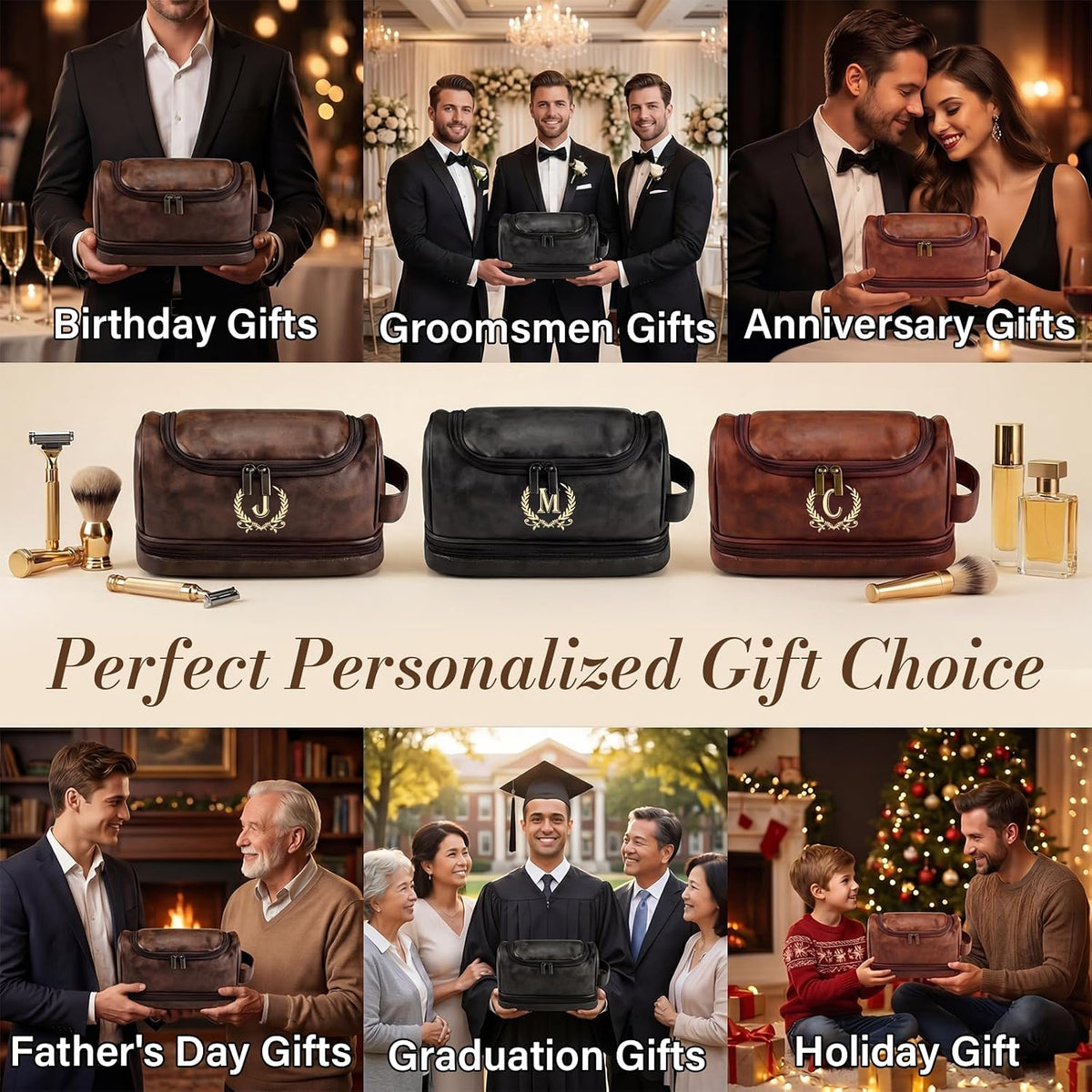 Personalized Leather Toiletry Bag for Men, Gifts for Men, Custom Mens Toiletries Travel Kit, Customize Shaving Bags, Men's Gift Ideas for Anniversary, Birthday, Dad, Grandpa, Lover(DB-F)
