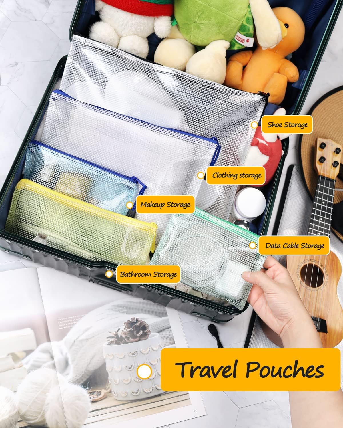 SUNEE Mesh Zipper Pouch 6.8x9.2 in (10 Colors, 60 Packs), Mesh Bags with Zipper for School Office Supplies, Puzzles & Games, Travel Accessories