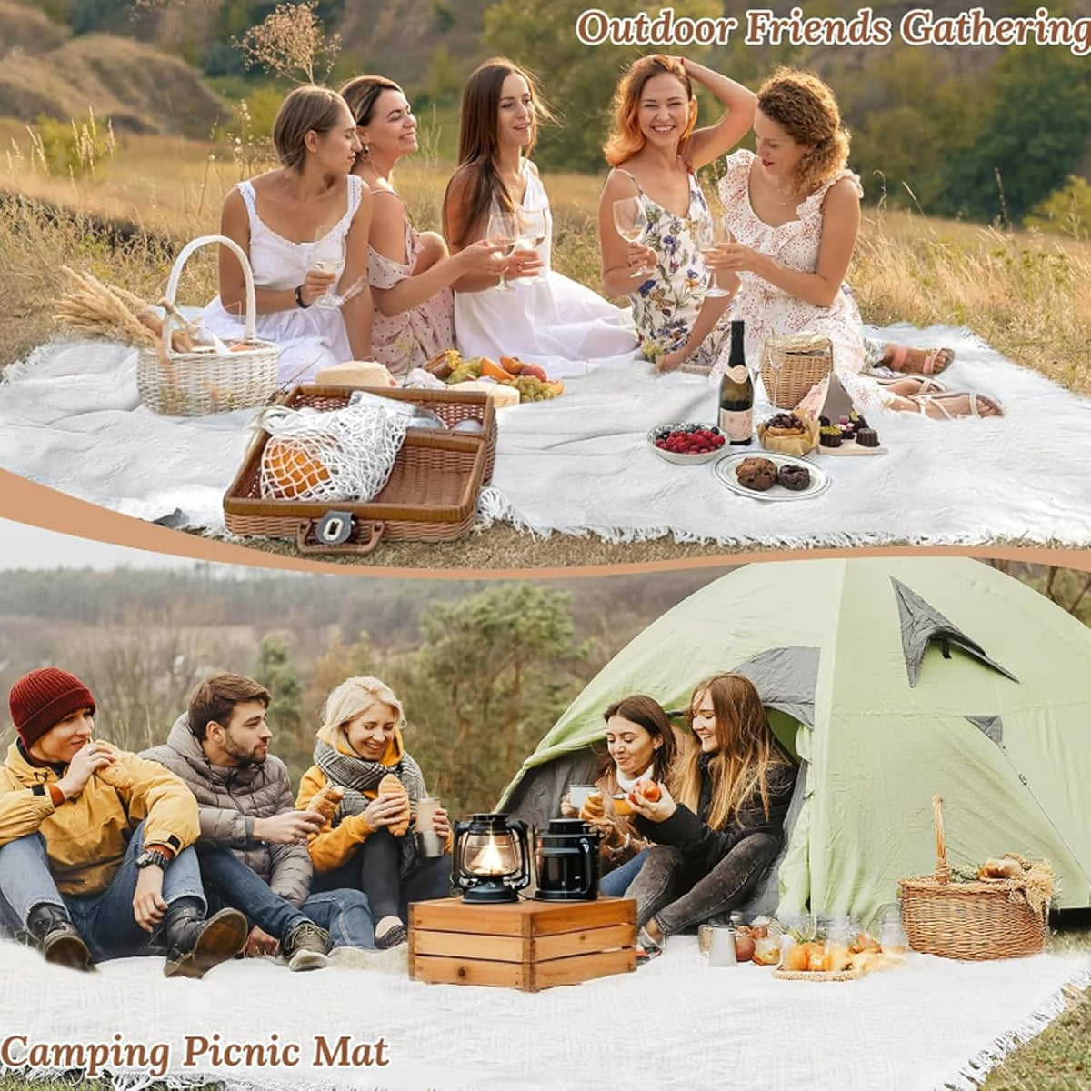 91 x 71 Inch Large White Picnic Blanket, Outdoor Picnic Blanket with Fringe, Soft Cotton Woven Blanket Picnic, Lightweight Foldable Blanket Picnic for Beach, Park, Camping (White Diamond Pattern)