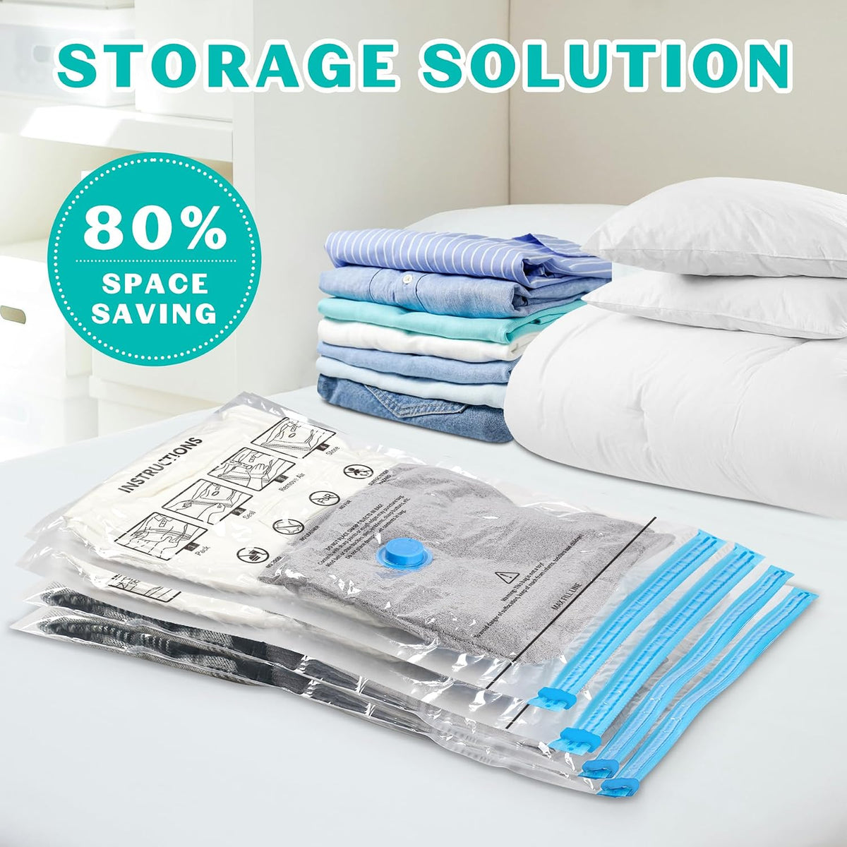 10 Pack Medium Vacuum Storage Bags Seal Bags for Bedding Clothing Compression Bags for Travel Blankets and Comforters Hand Pump Included