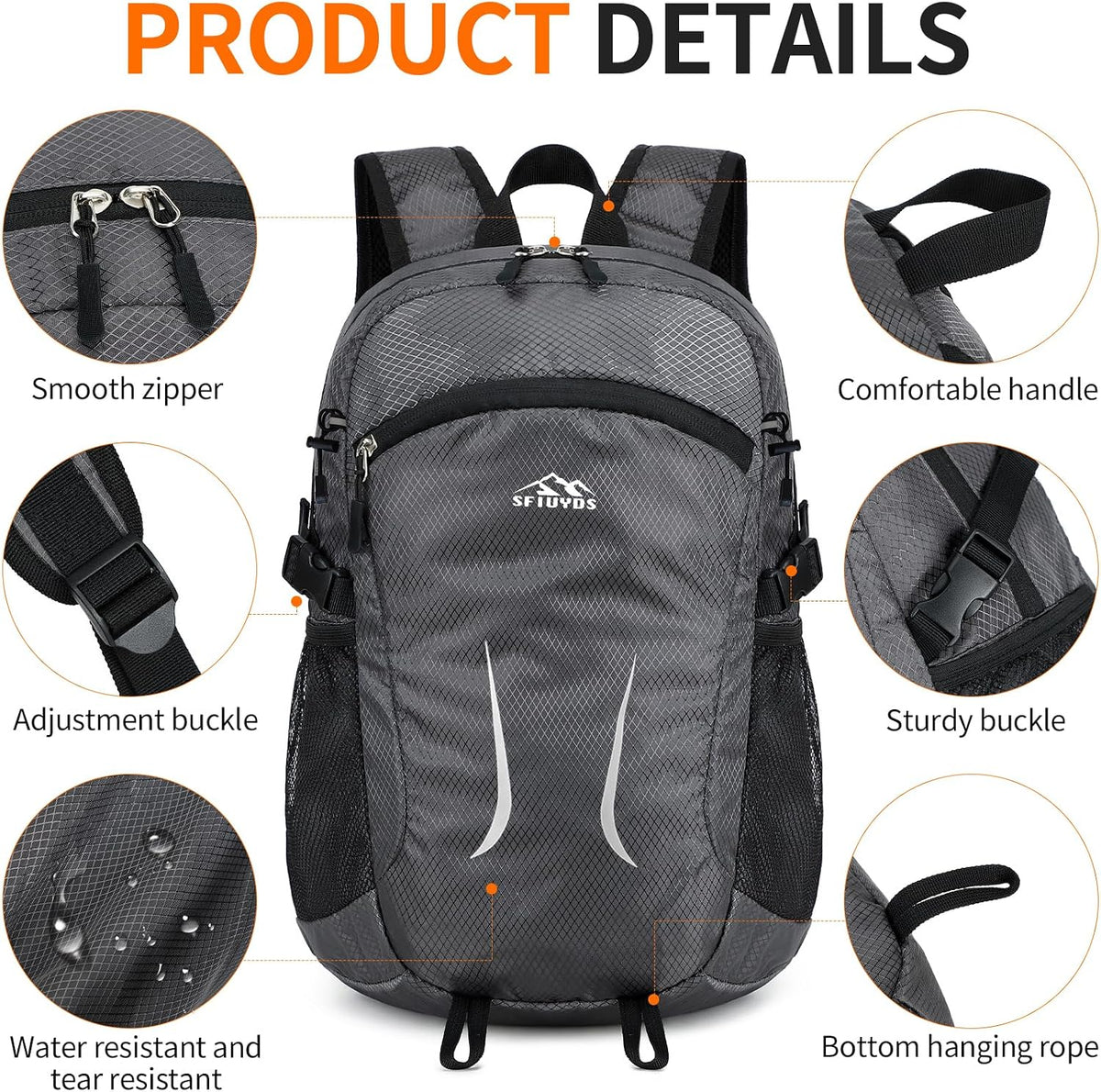 Small Hiking Backpack 35L Travel Lightweight Hiking Packable Daypack Water-Resistant Foldable Backpacks for Women Men Camping (Grey)