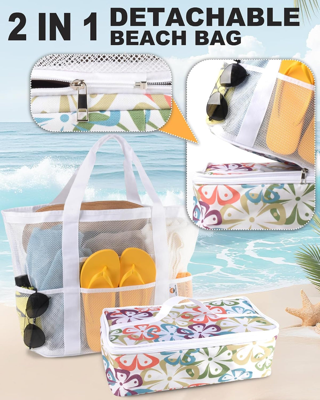 CaCTOUR Beach Bag with Cooler Compartment,Mesh Beach Bag Dry Wet Detachable with Zipper Pockets,Waterproof Sandproof Pool Bag