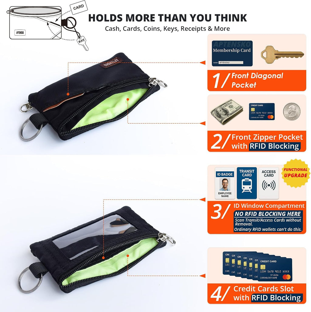RFID Blocking Travel Wallet with Adjustable Lanyard, Small Nylon Zipper Pouch and Badge Holder for ID, Credit Cards, Cash, Keys, Commuters (Black)