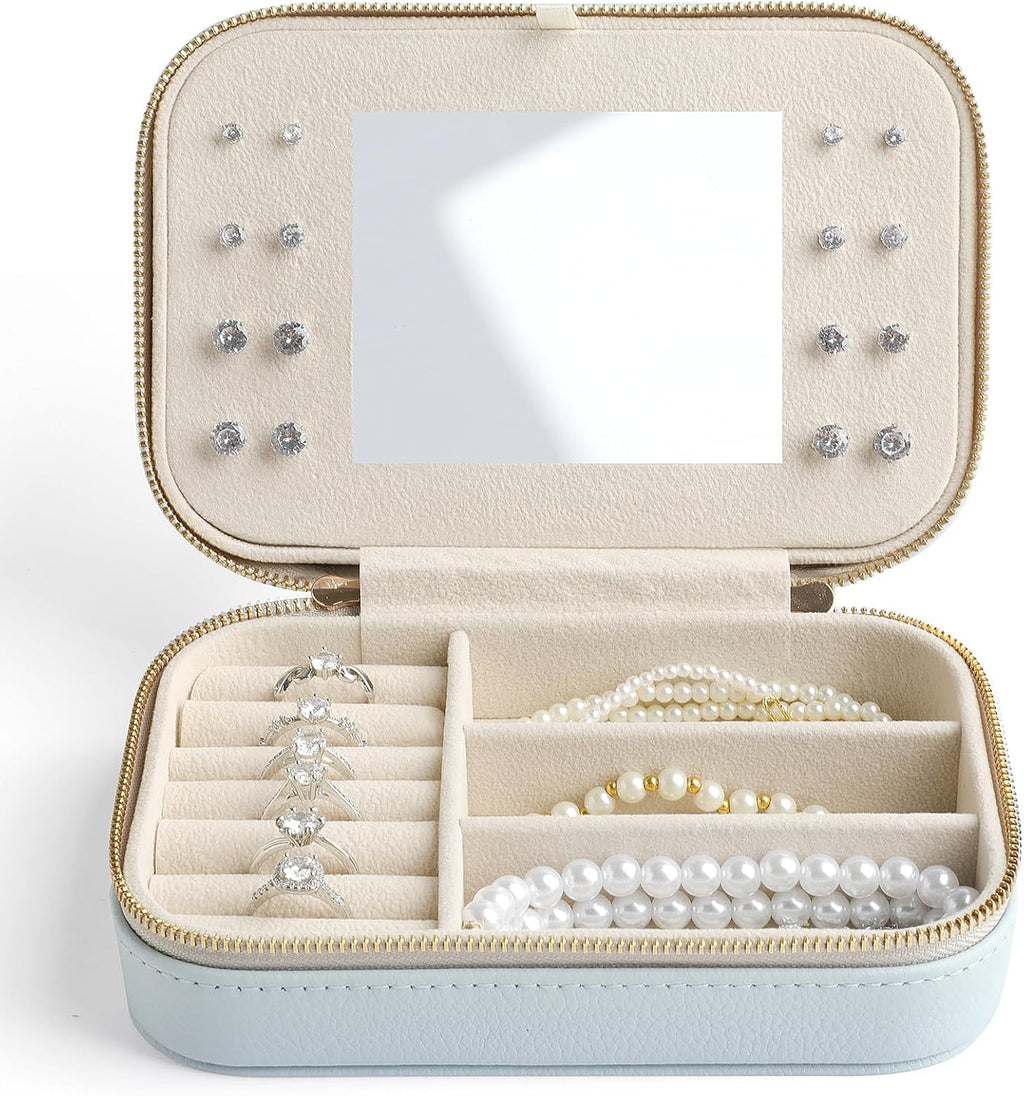 Genuine Leather Travel Jewelry Organizer Case with Mirror for Women, Small Mini Portable Jewelry Box for Ring Earrings Necklace Bracelet Luxury Gift for Women（Beige）