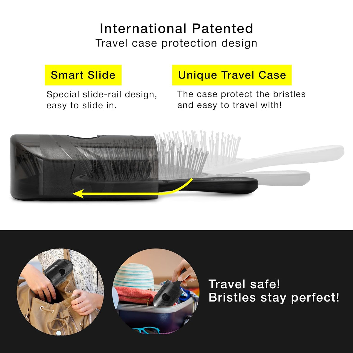 NuWay® Traveler® Patented Compact Hair Brush for Purse, Gym & Daily Carry - Gentle Detangling Brush for Wet or Dry Hair, Everyday Scalp Comfort (Black)