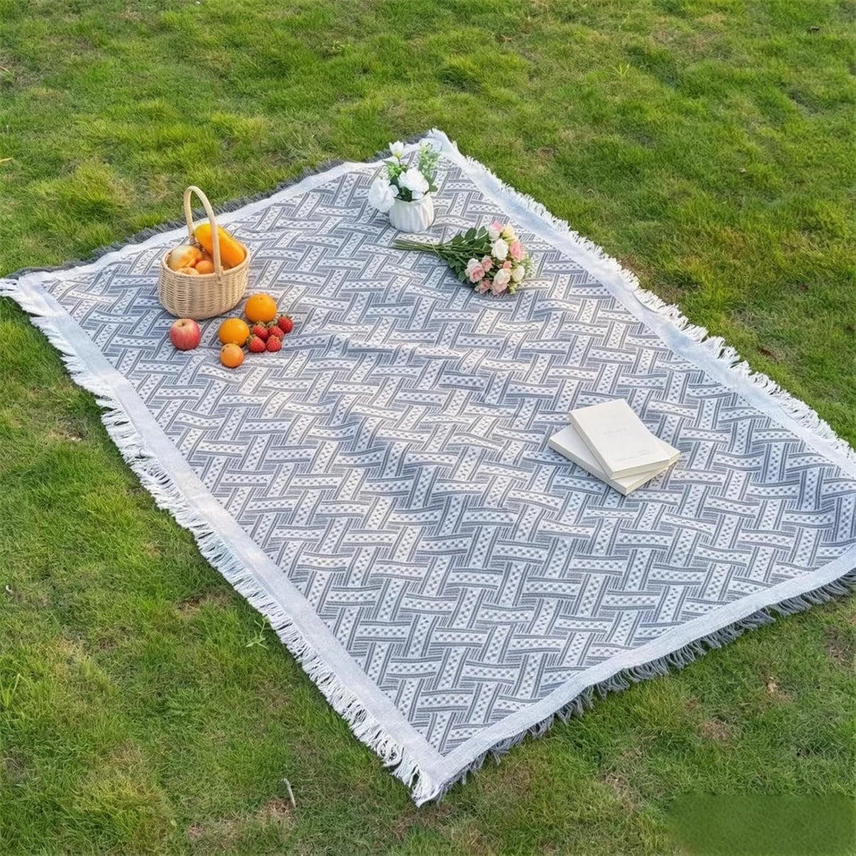 70x70 Bohemian Picnic Mat Extra Large, Sand Proof Outdoor Camping Blanket Machine Washable, Lightweight Portable Travel Tarp for 5-7 Adults Beach Park Grass (Gray-T-Grid)