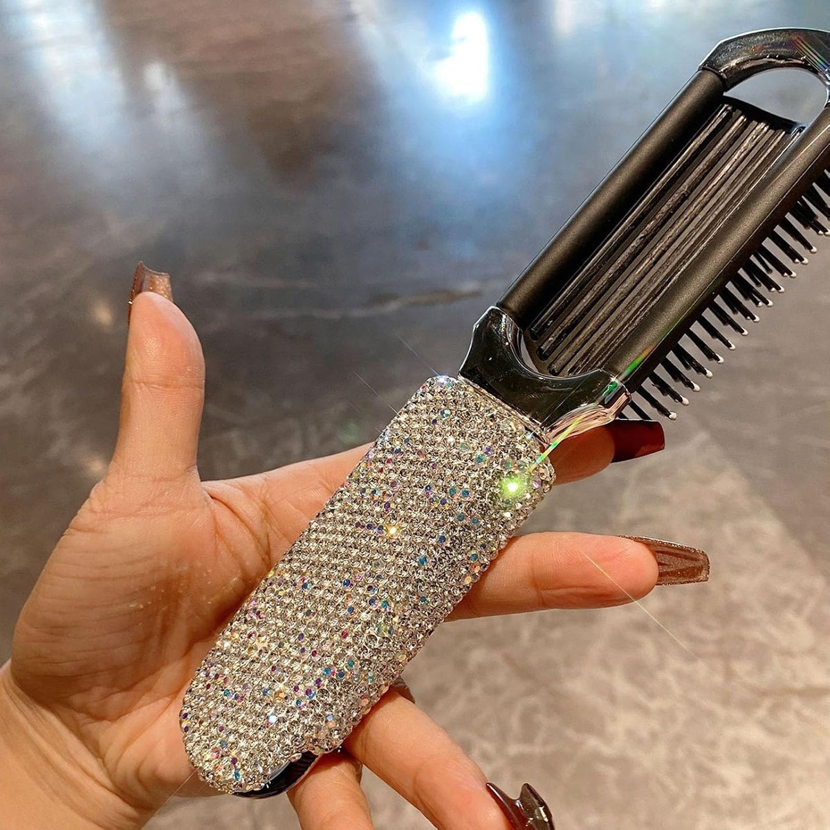 1 Pack Rhinestone Pocket Hair Brush with Mirror Bling Travel Folding Combs Sparkle Portable Collapsible Compact Comb for Women Wedding Party Silver White (No Chain-White)