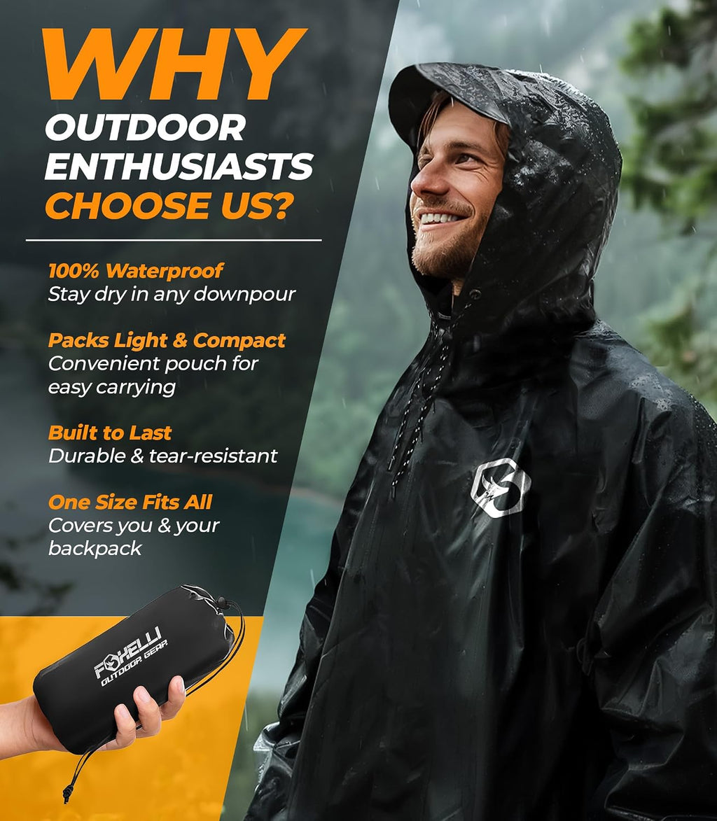 Foxelli Extra Long Rain Poncho for Tall Adults, Reusable Waterproof Hooded