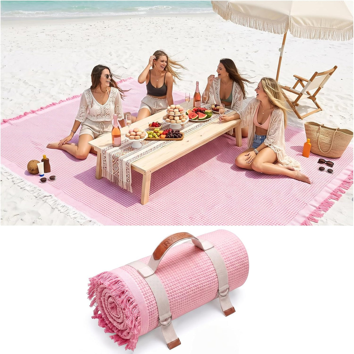 RYCHIC Extra Large Boho Beach Mat Picnic Outdoor Blanket Woven Towel Son Girlfriend Her Women Sweetest Day Boyfriend One Year Anniversary Romantic Christmas Xmas First Valentines I Love You Gift Pink
