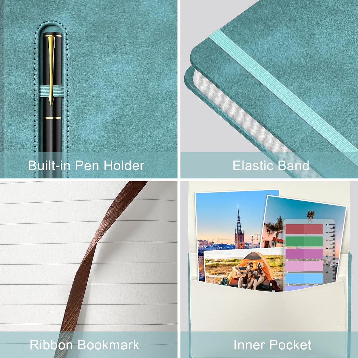 A5 Leather Notebook with Pen and Pen Holder, 224 Pages 100 GSM Thick Lined Paper Hardcover Journal for Men Women, College Ruled Daily Diary for Work Business School Travel - Light Blue