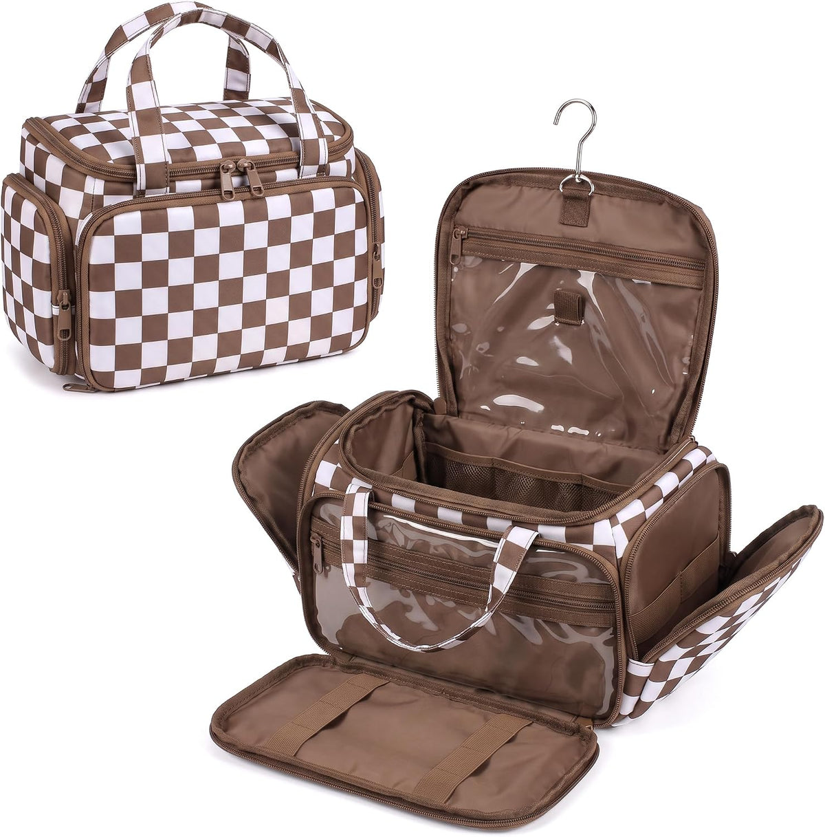 Valentoria Hanging Travel Toiletry Bag,Checkered Large Makeup Organizer Bag for Women(Checkered Coffee)