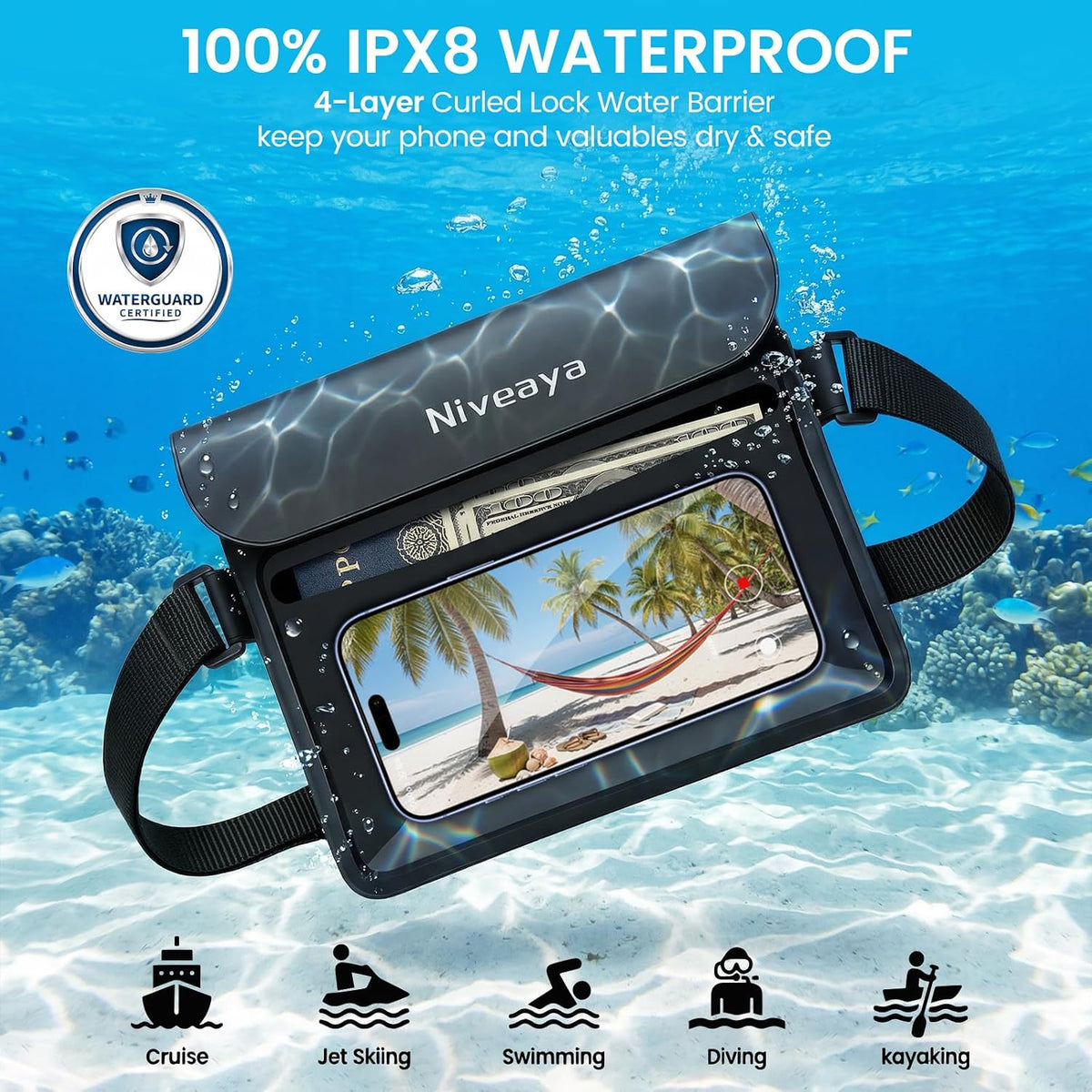 Niveaya IPX8 Waterproof Fanny Pack, Waterproof Pouch Dry Bag for Beach, Kayaking, Swimming, Boat Travel Cruise Essentials, Waterproof Phone Bag Passport Holder for Women Men(2 Pack)