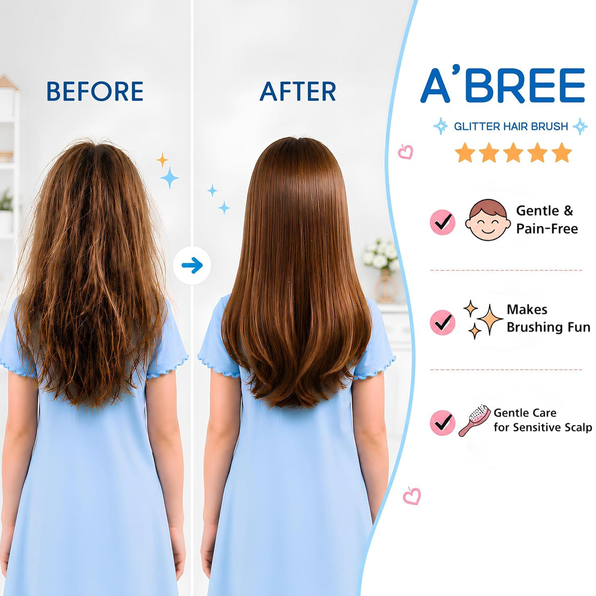 A'BREE Mini Glitter Detangling Hair Brush for Kids Girls Women – Gentle Wet and Dry Hairbrush, Travel Sized Tangle Free Knot Tamer for Toddler, Adorable Character Glitter Design (Ocean Blue)