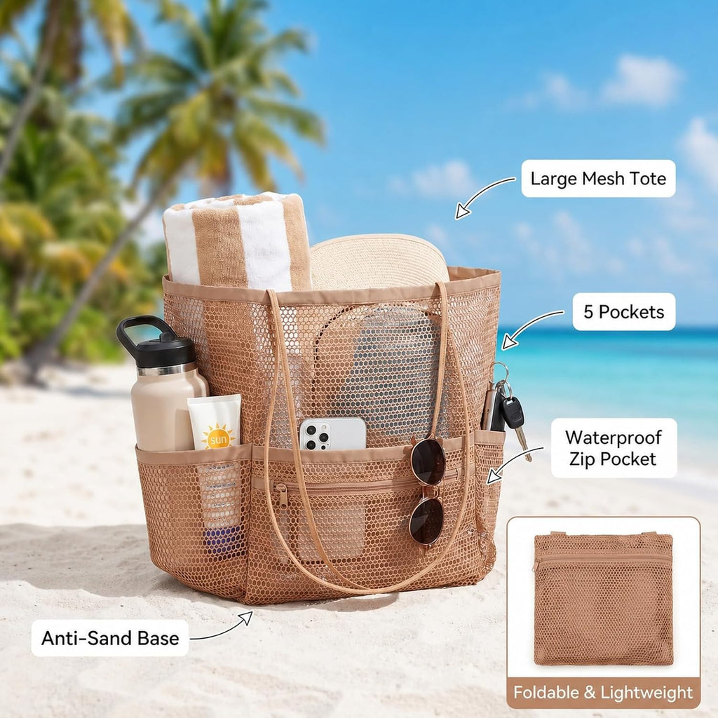 Tan Foldable Mesh Beach Tote for Women, 5‑Pocket Sand‑Proof Travel Bag