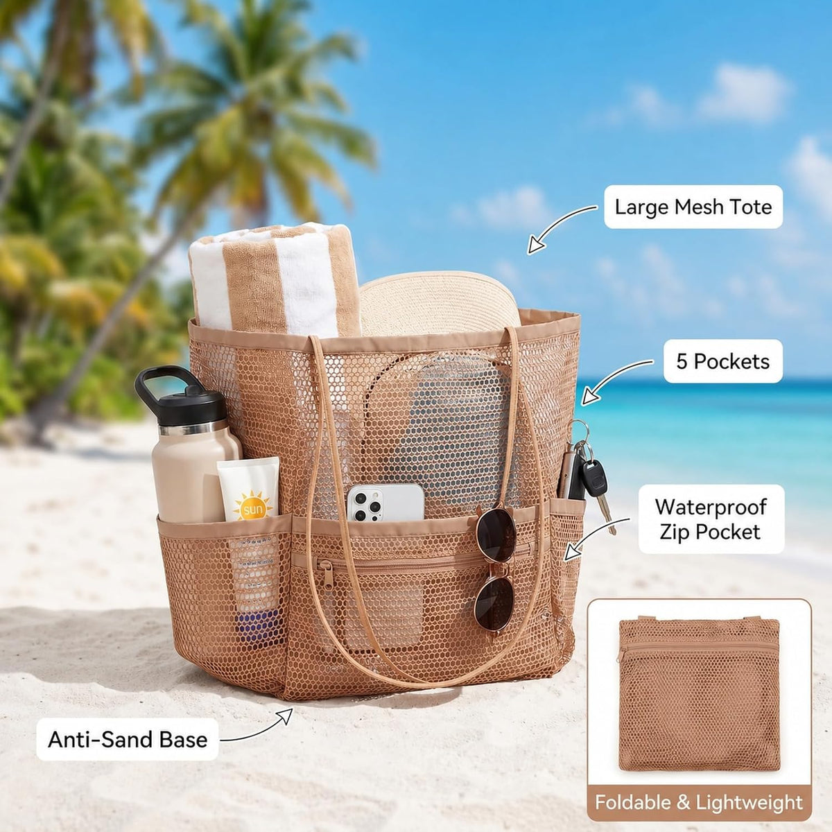 Tan Foldable Mesh Beach Tote for Women, 5‑Pocket Sand‑Proof Travel Bag