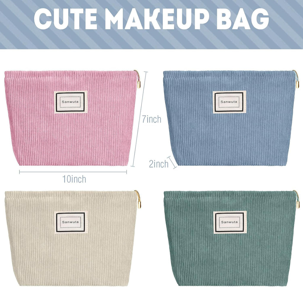 Sanwuta 4 Pcs Velvet Corduroy Makeup Bag, 10x7x2'', Light Color