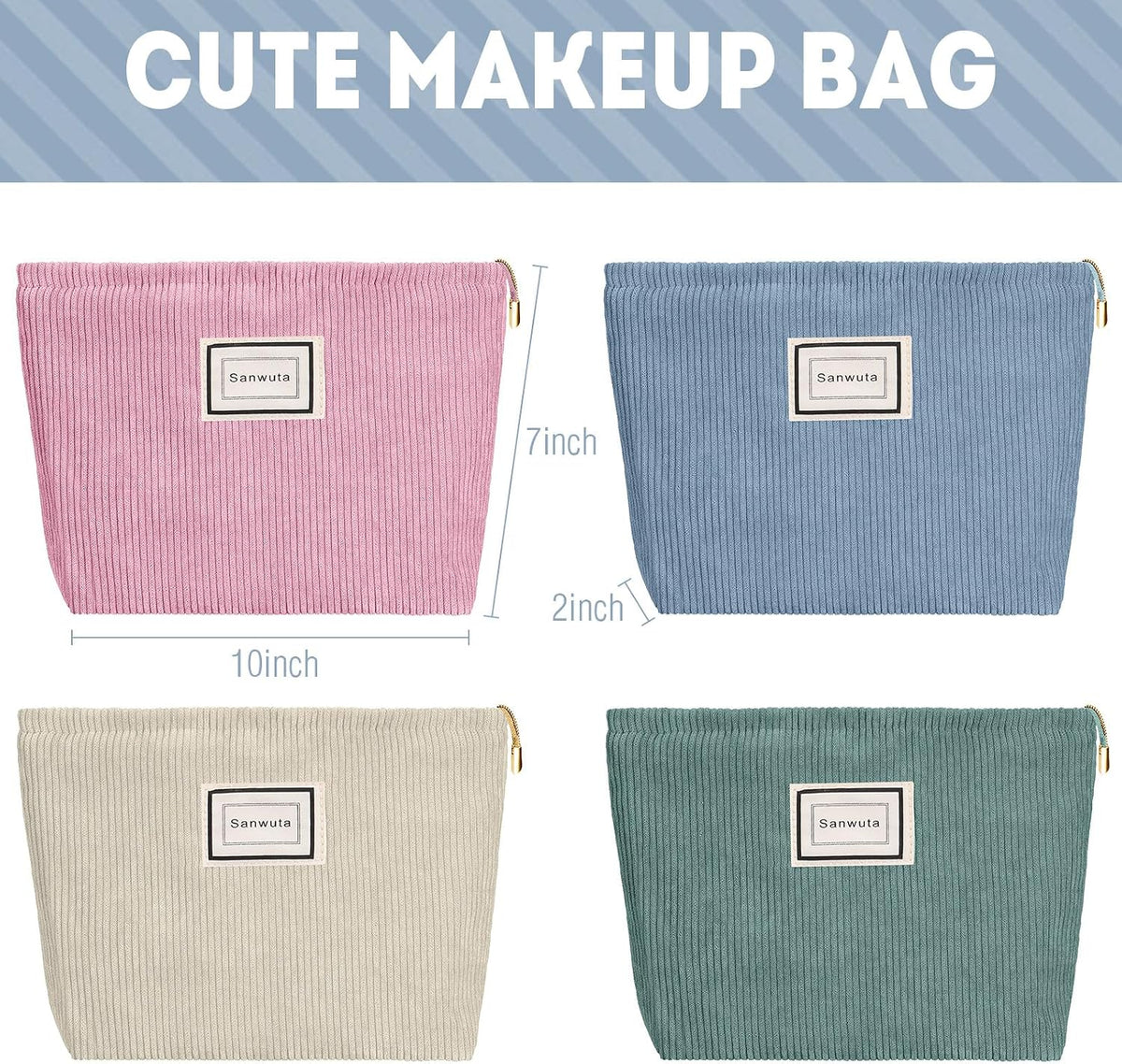 Sanwuta 4 Pcs Velvet Corduroy Makeup Bag, 10x7x2'', Light Color