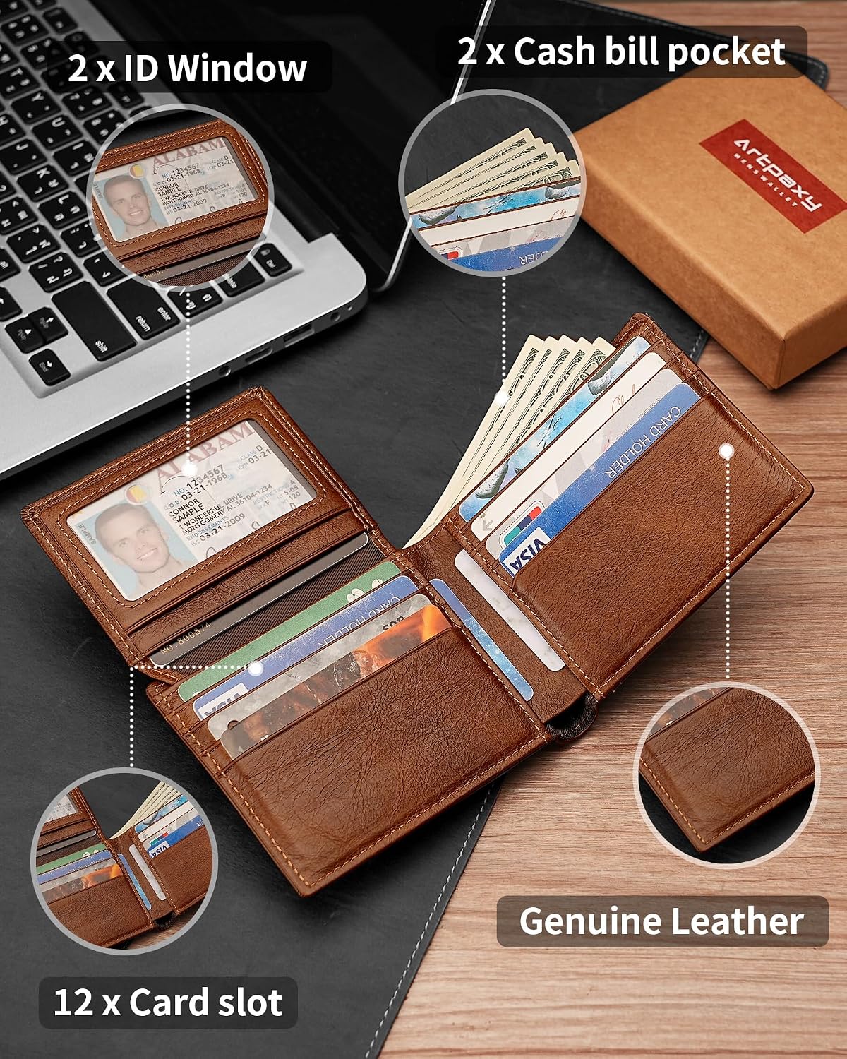 Artpaxy Mens Wallet With AirTag Holder, Bifold Leather RFID Blocking 1-2 ID Windows 12-13 Card Holders, Gift Box and Screen Protector Included, AirTag Not Included