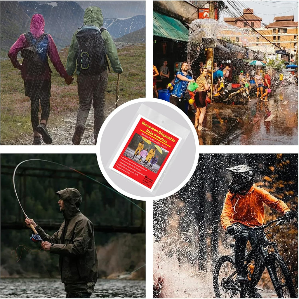 Bruvoalon 6, 20 & 50 Pack Disposable Rain Ponchos for Adults, Waterproof PE with Drawstring Hood and Elastic Cuffs