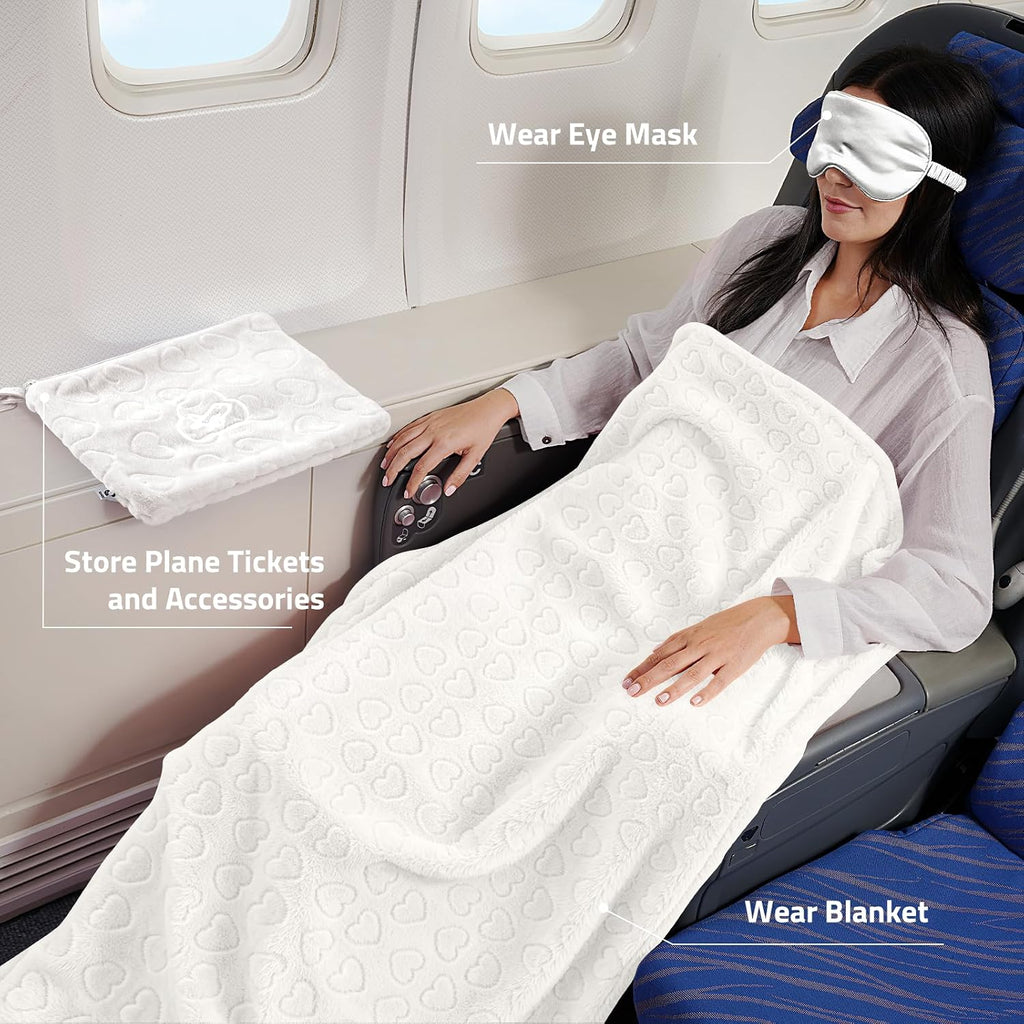 Travel Blanket, Airplane Blanket, Ultra-Soft, Warm & Lightweight, 65x40 in, Outdoor Blanket Essentials for Women, Men & Kids, Included Eye Mask, Luggage Sleeve & Backpack Clip Heart Cream