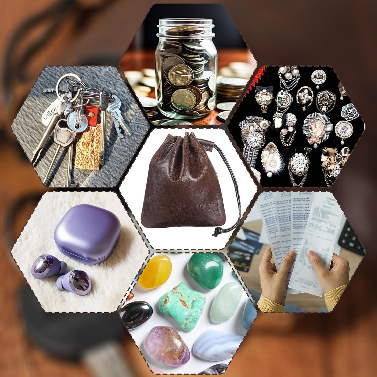 Drawstring Cowhide Bag, Leather Storage Bags Waterproof Pouch