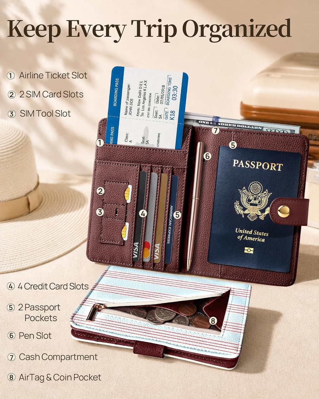 Slohif RFID Passport Holder for Travel with Airtag Hidden Slot Blue Stripe