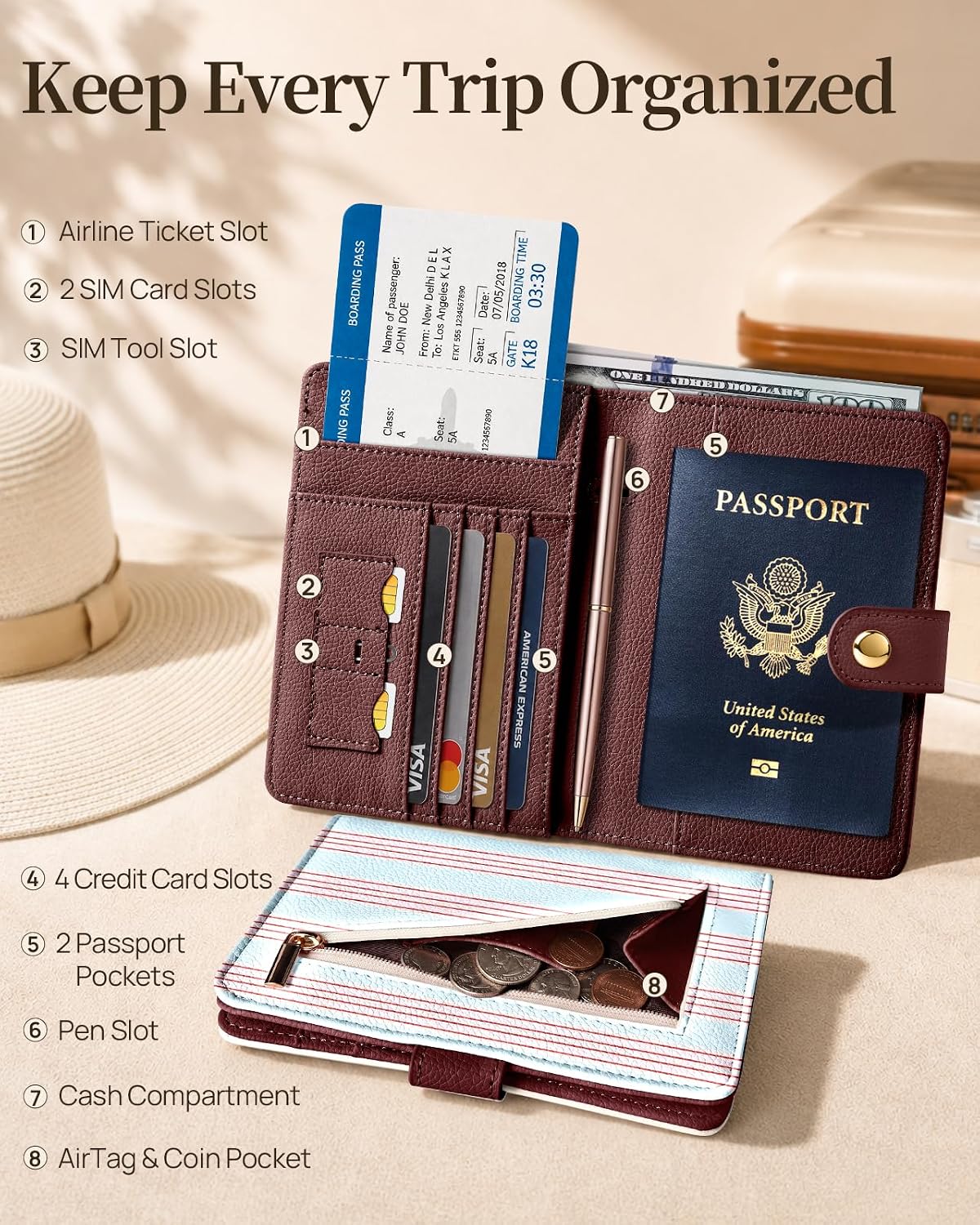 Slohif RFID Passport Holder for Travel with Airtag Hidden Slot Blue Stripe