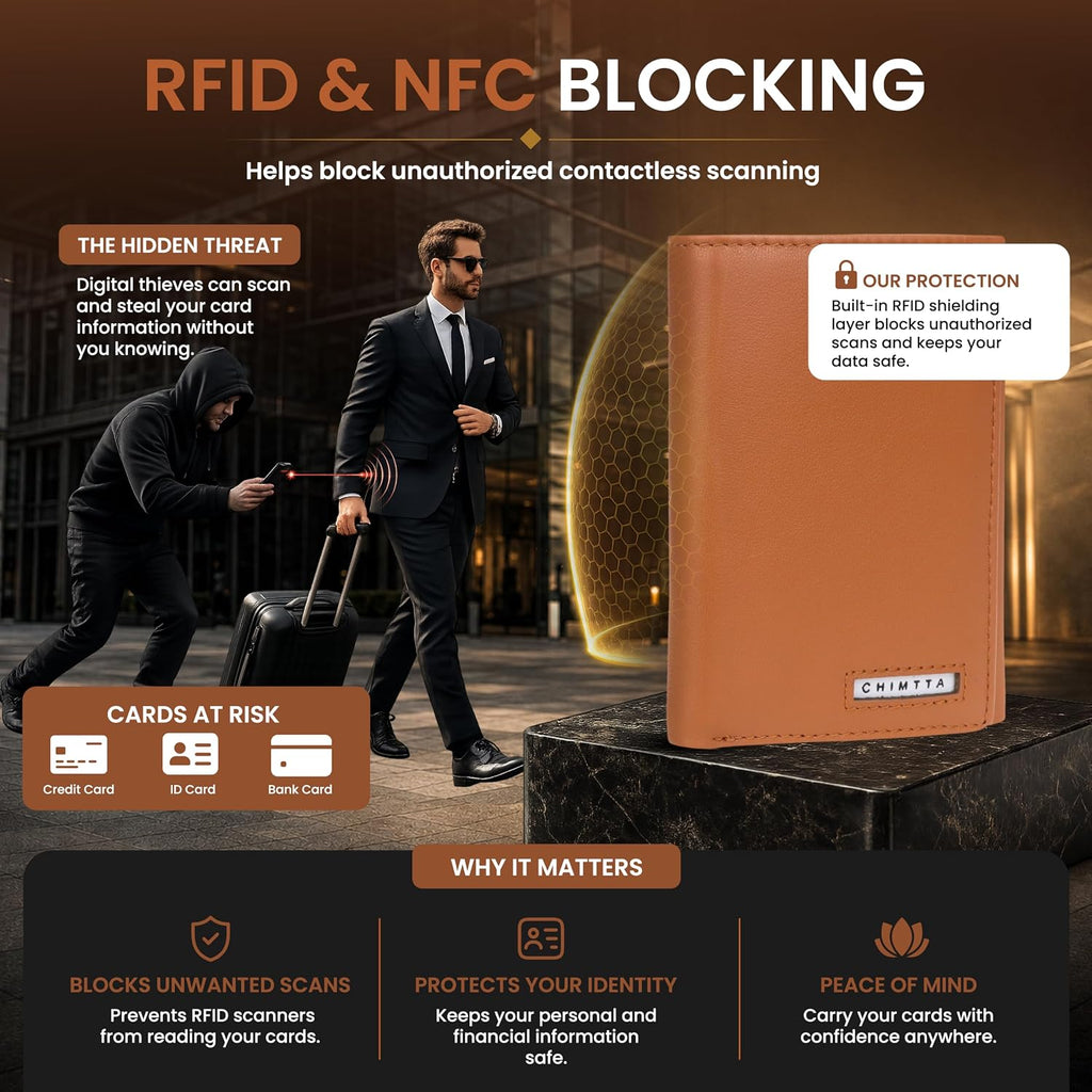 RFID Trifold Wallet for Men Genuine Napa Leather, Magnetic Closure