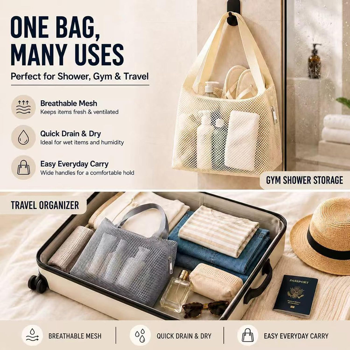 Zipper Mesh Shower Bag Portable Beach Tote for Trip Beach Gym