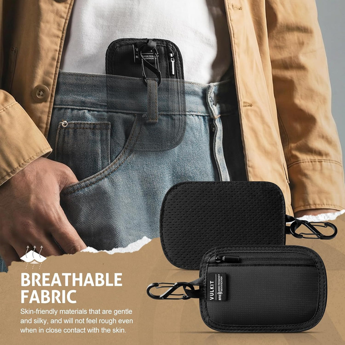 VULKIT RFID Blocking Clip Stash Pocket Small Slim Hidden Zipper Pouch Travel Safety Anti Theft Pickpocket Wallet Black