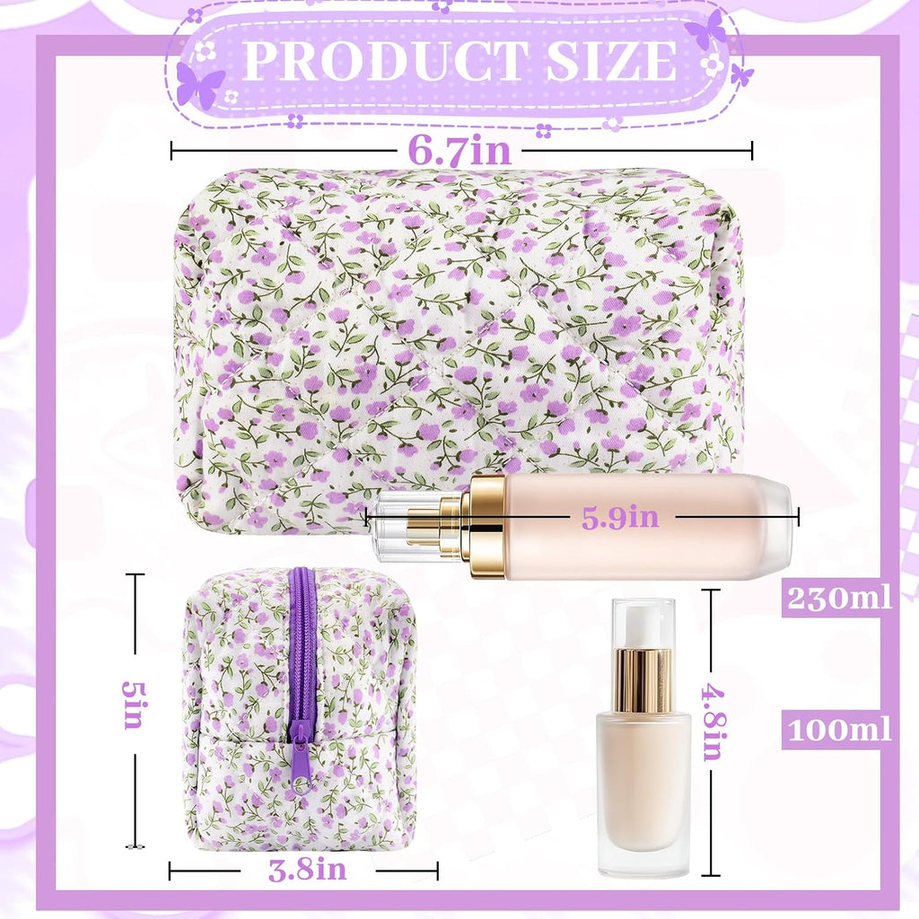 URSKYTOUS Quilted Makeup Bag Floral Large Cosmetic Bag Cotton Puffy Makeup Organizer Coquette Cute Travel Makeup Pouch Kawaii Aesthetic Portable Toiletry Storage Bag for Women Girls (Purple)