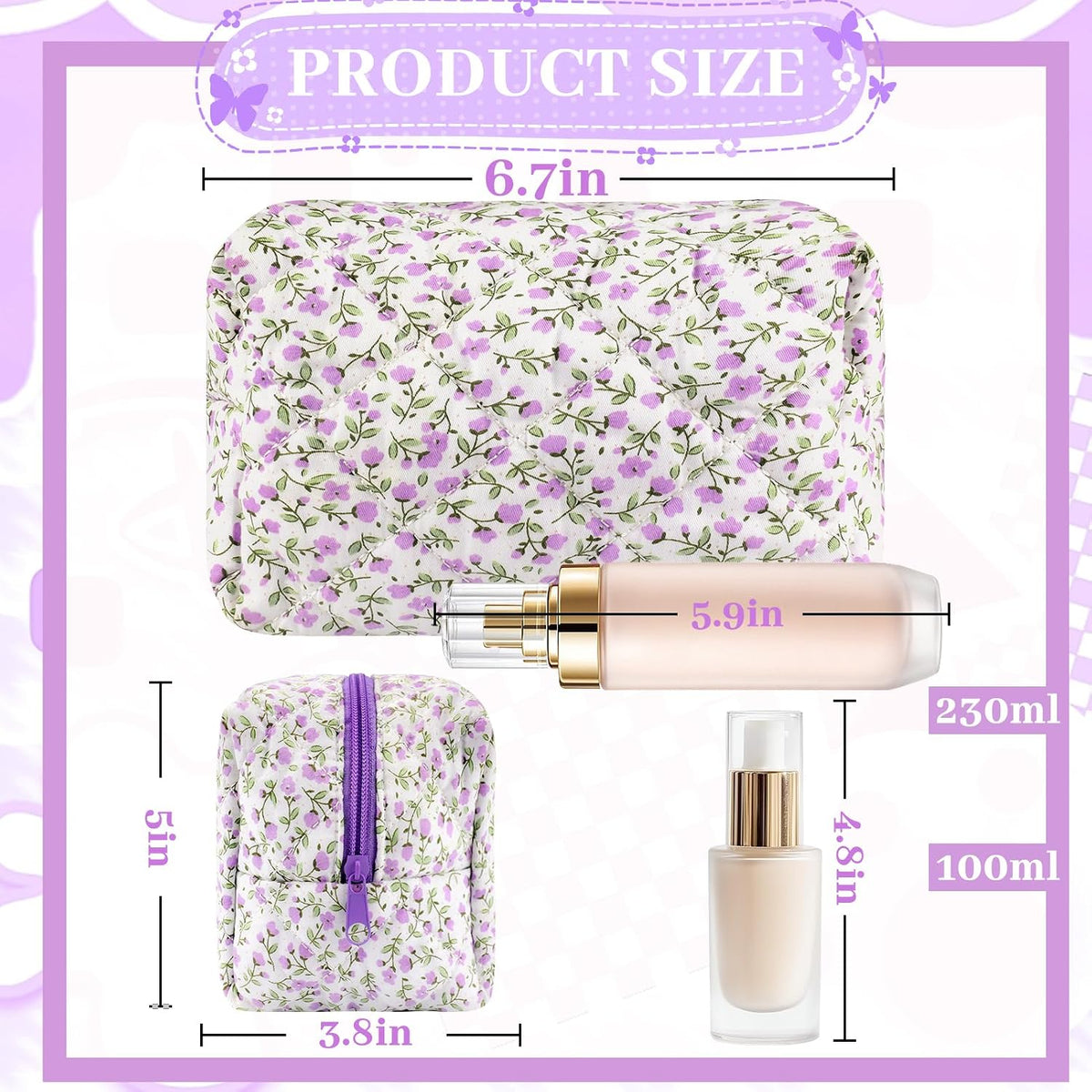 URSKYTOUS Quilted Makeup Bag Floral Large Cosmetic Bag Cotton Puffy Makeup Organizer Coquette Cute Travel Makeup Pouch Kawaii Aesthetic Portable Toiletry Storage Bag for Women Girls (Purple)