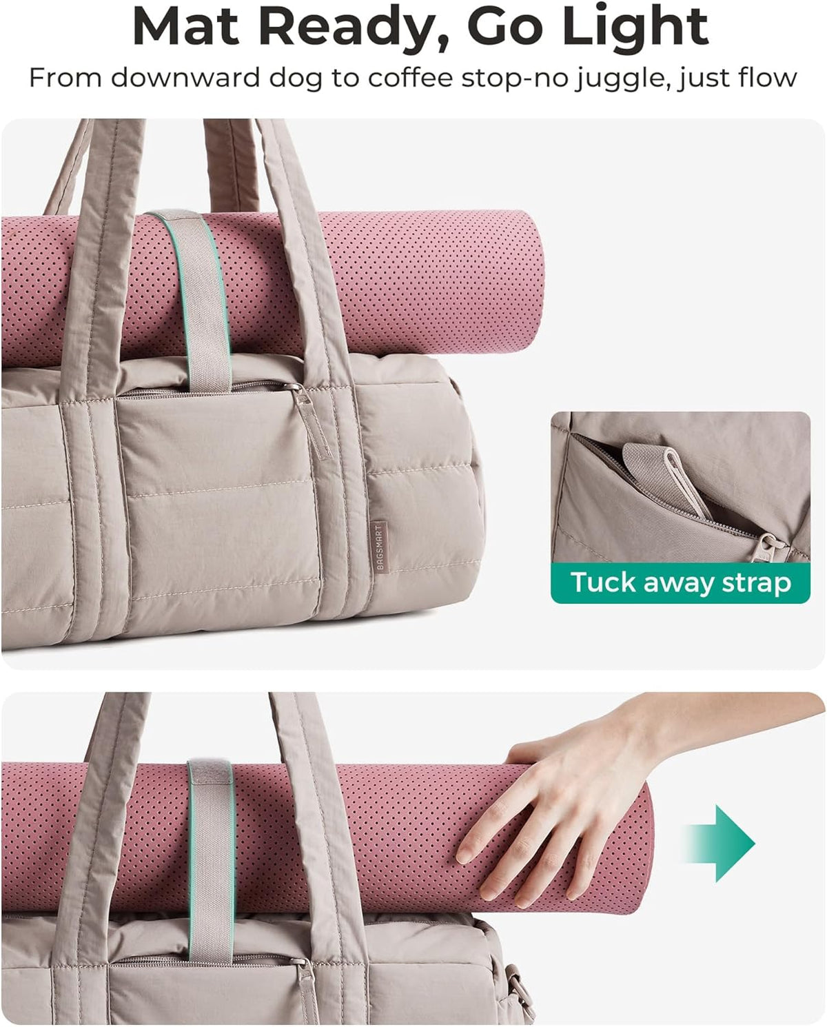 BAGSMART Reiki Gym Bag for Women Puffy Yoga Mat Travel Weekender Duffle Bag