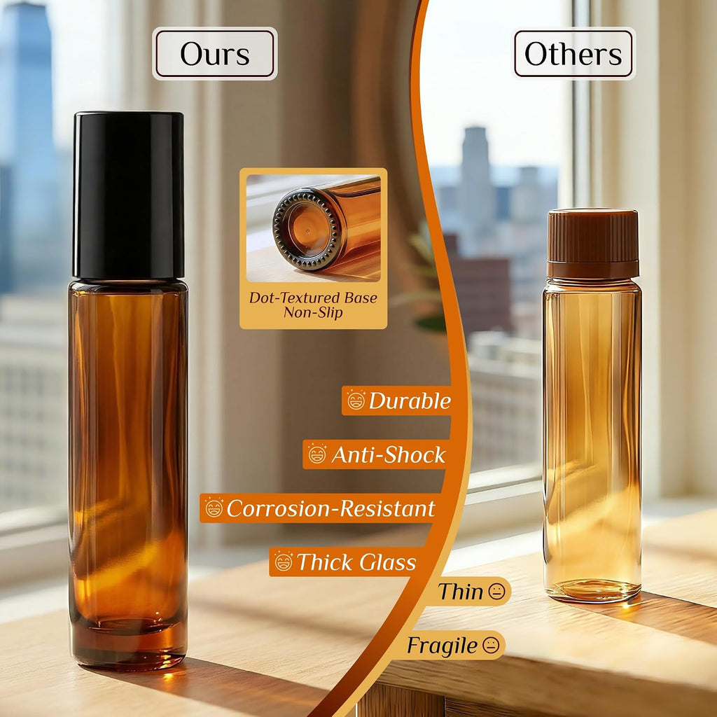 PrettyCare Set of 24, 10 ml Amber Glass Roller Bottles for Essential Oil with Stainless Steel Roller Ball - Refillable Leak-proof Empty Roll on Bottles with Black Caps for Travel, Perfume,Lab