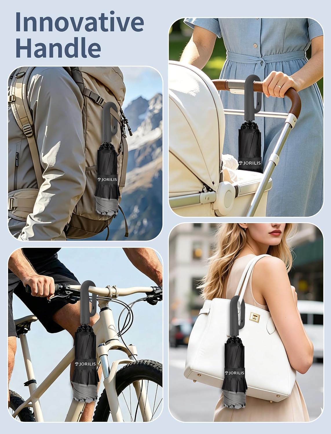 Jorilis Inverted Umbrella with Carabiner Handle, Windproof UV Sun & Rain