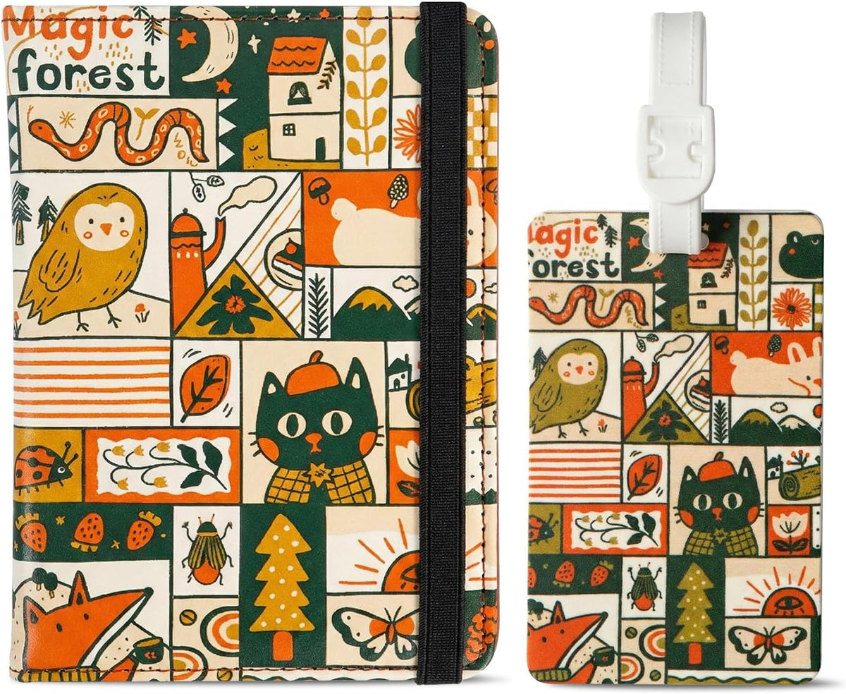 Magic Forest Passport Holder and Luggage Tag Set Premium PU Leather Travel Document Organizer & Suitcase ID Identifier - Cute Animal Fox Owl Illustrations, Travel Essentials for Women/Men
