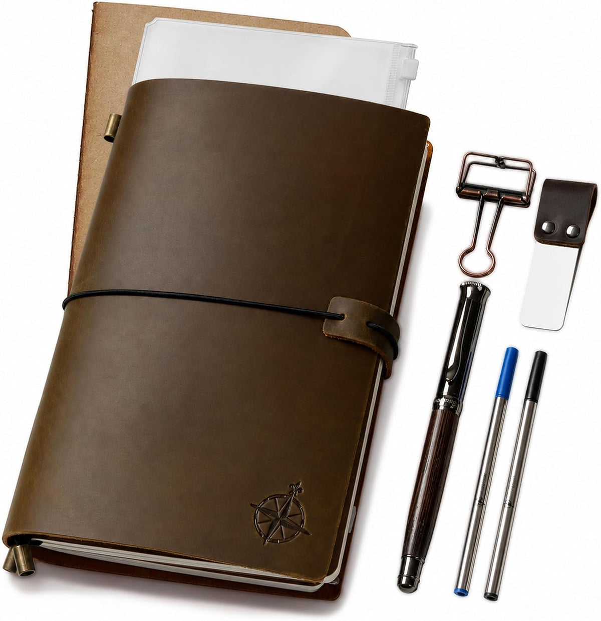 WANDERINGS A5 Travelers Notebook Bundle – 6" x 8.5" (15 x 22cm) – Genuine Leather Journal with Pen Holder, Pen, 2 Ink Refills, PVC Folder & Binder Clip