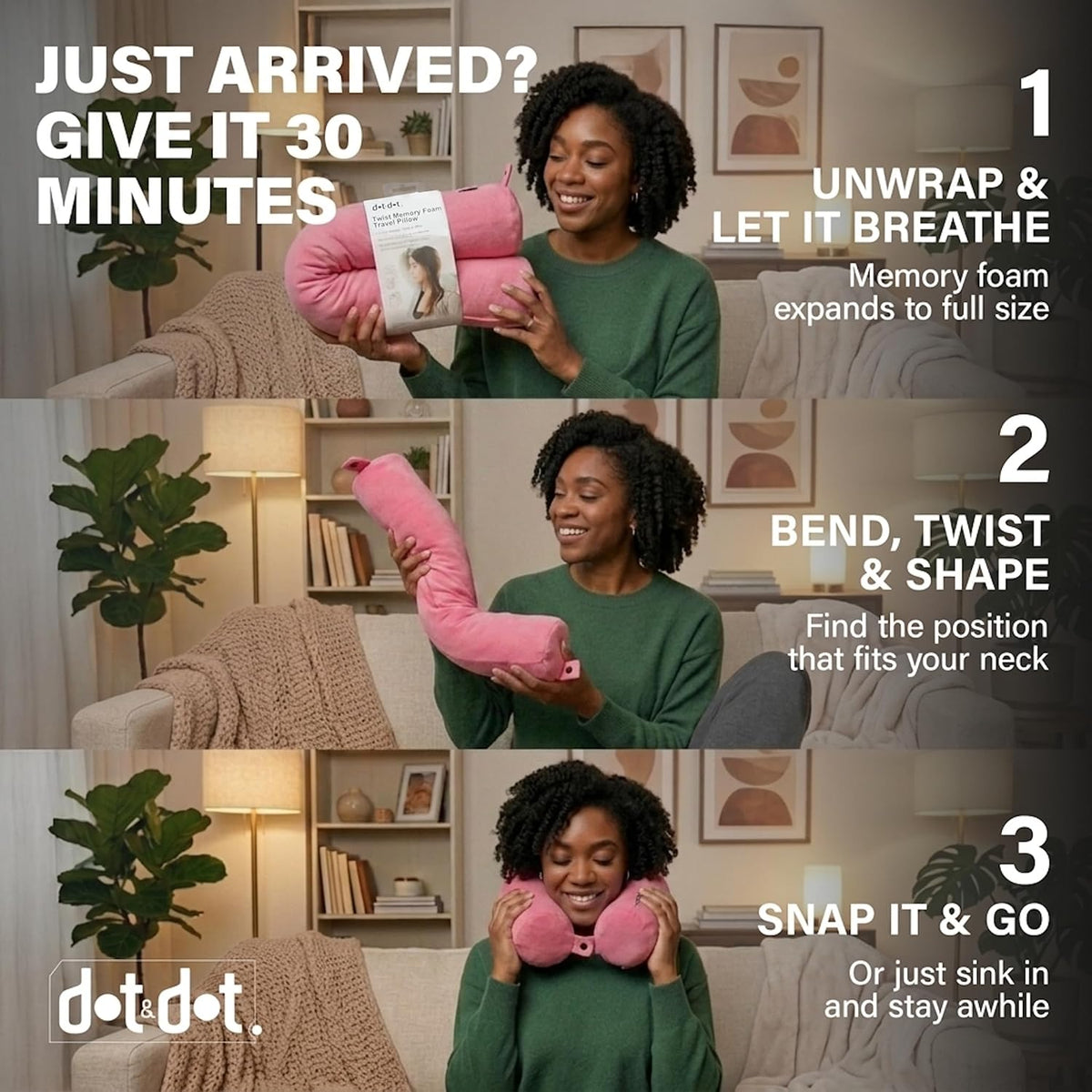 Dot&Dot Twist Memory Foam Travel Pillow, Bendable Neck Pillow for Airplane, Car and Home, 26-Inch Adjustable Roll with Washable Cotton Cover, Pink