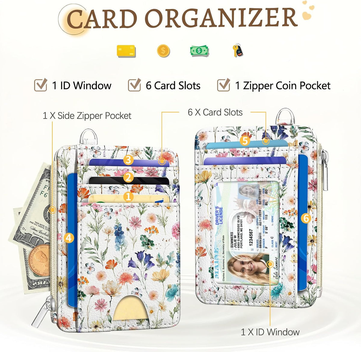 Kelvoris Credit Card Holder Small Wallet Women, Slim RFID, Flowers Leaves